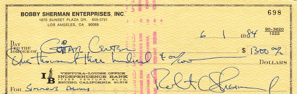 Bobby Sherman SIGNED Cancelled Check from 1984