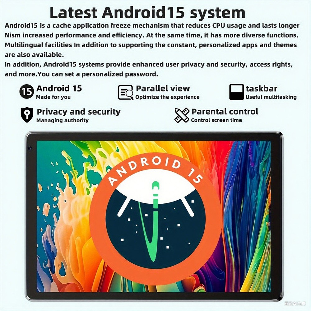 10 inch Android 15 24GB RAM 128GB Tablet Touch Screen IPS LCD Wi-Fi 6 Bluetooth