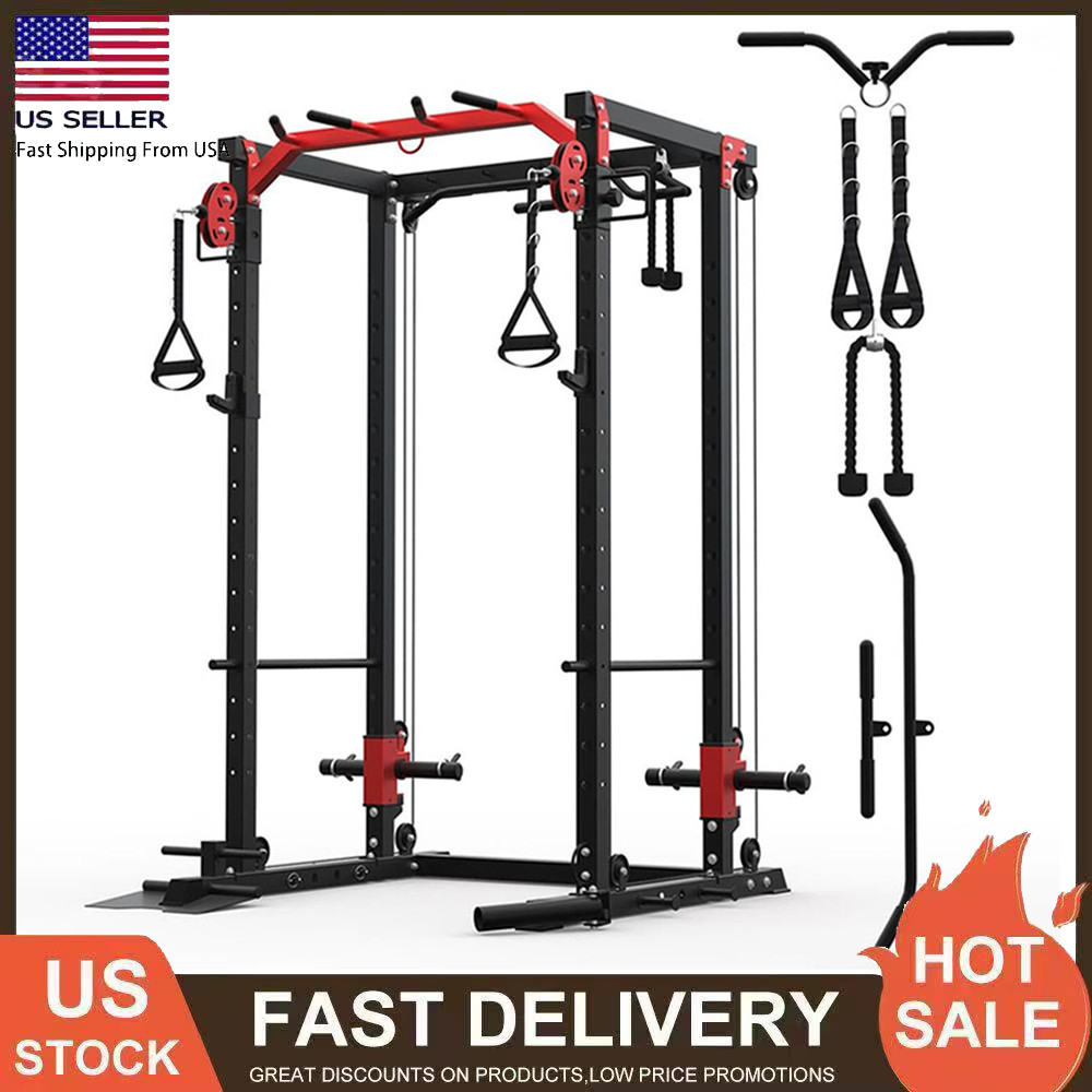 Power Cage Power Rack W/ Cable Crossover System 2000LBS Squat Rack LAT Pull Down