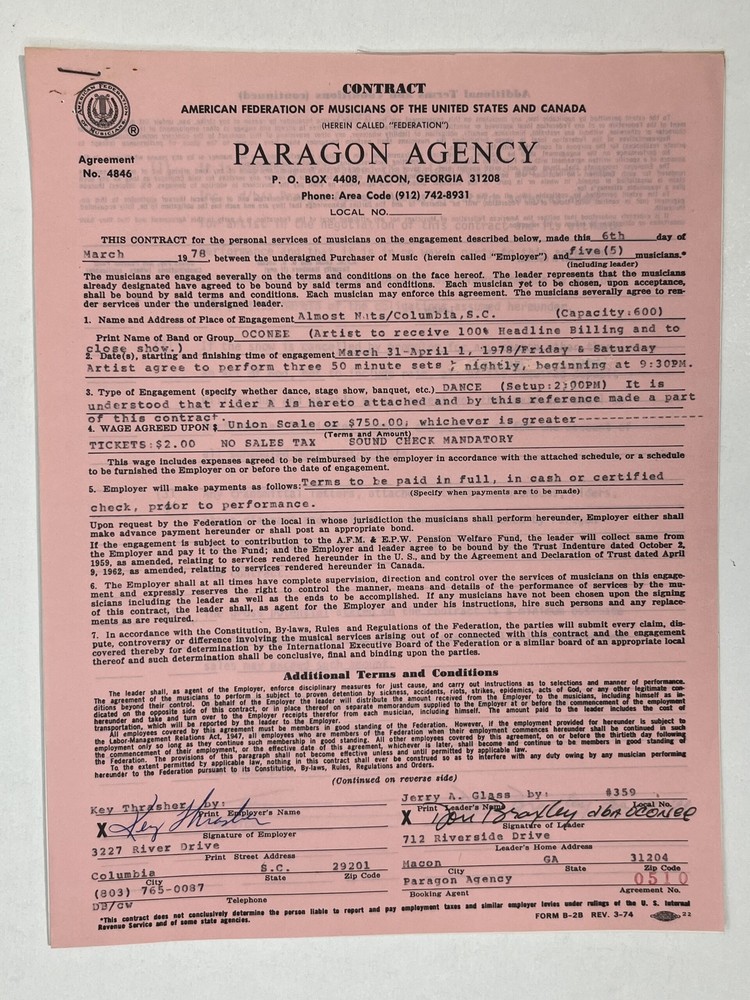 Oconee Concert Contract 1978 Columbia SC