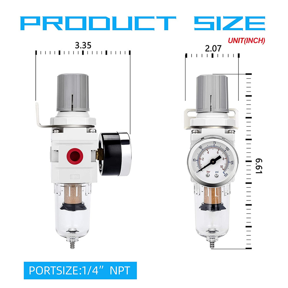 1/4" NPT Compressed Air Filter Regulator Combo Piggyback, 5 Micron Brass Element