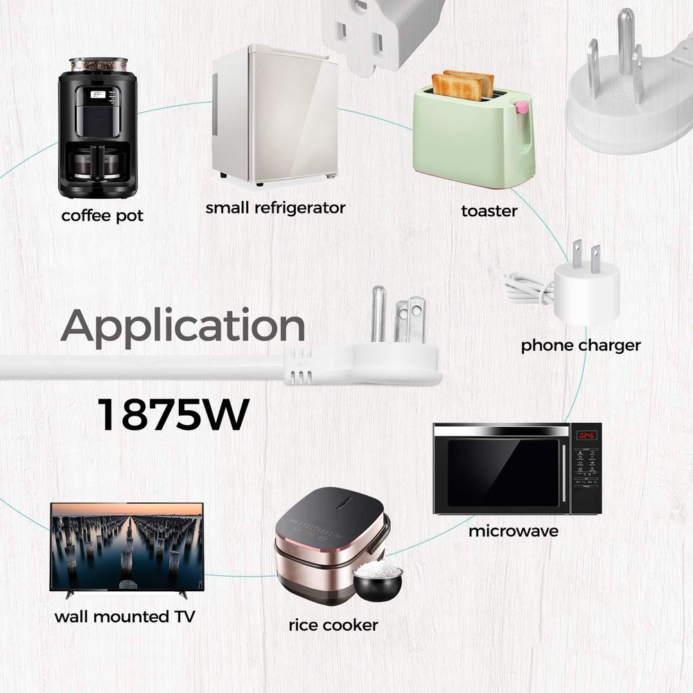 FIRMERST 1875W Low Profile Flat Plug 2Ft Extension Cord 2 Feet-1 Pack, White