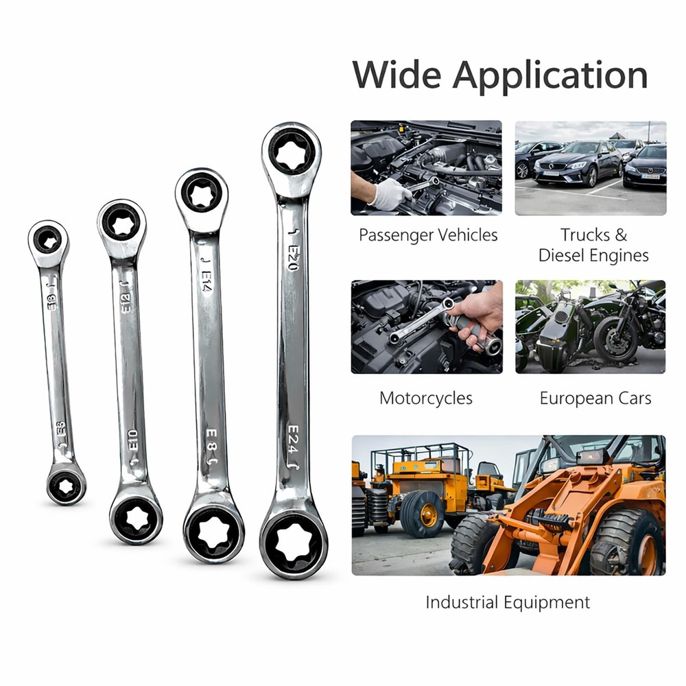 E-Torx Double Box Ratcheting Wrench Set, 4 Sets 72-Tooth Dual Head E6 E8 E10 ...