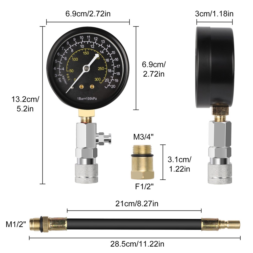 Compression Tester Gauge Kit Triple Scale Tool for Engine Cylinder Test 0-300PSI