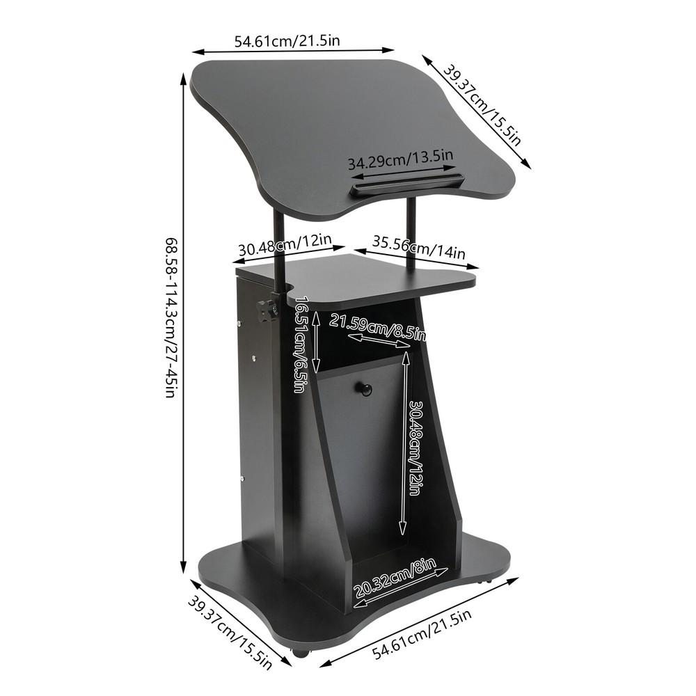 Height Adjustable Mobile Laptop Podium with Tilting Desktop & Storage