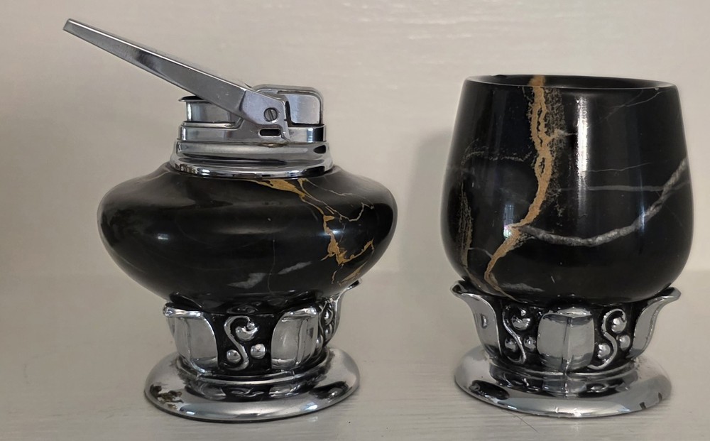 Vintage Ronson Lighter & Cigar Urn Black Marble Set