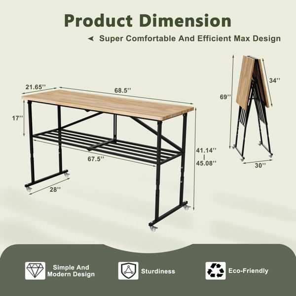 Foldable solid wood workbench with casters and adjustable height