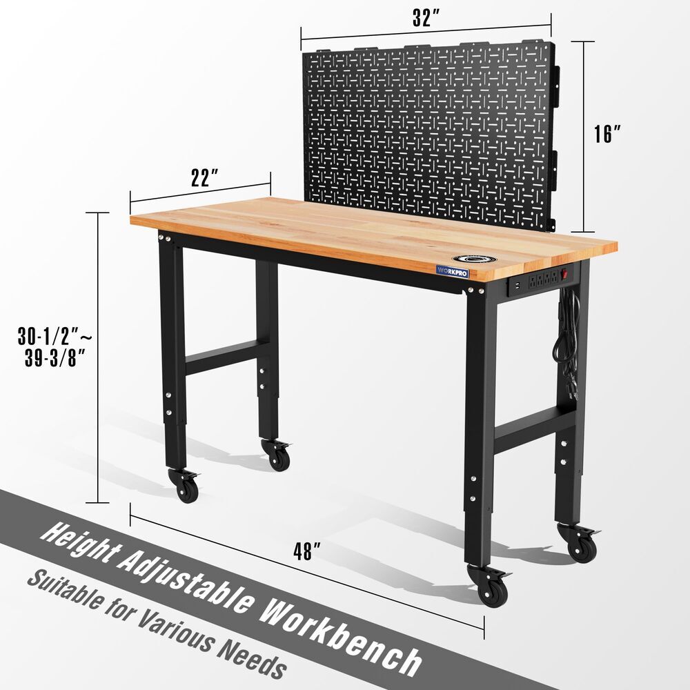 WORKPRO 48" Adjustable Workbench 1500LBS Load Capacity 2PC 16x32" Metal Pegboard