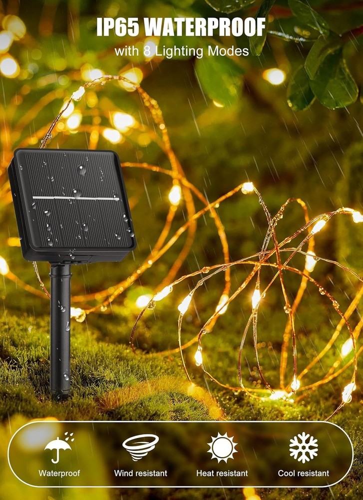 Energy Efficient Solar String Lights, 200 LEDs, 66Ft Warm White for Outdoors