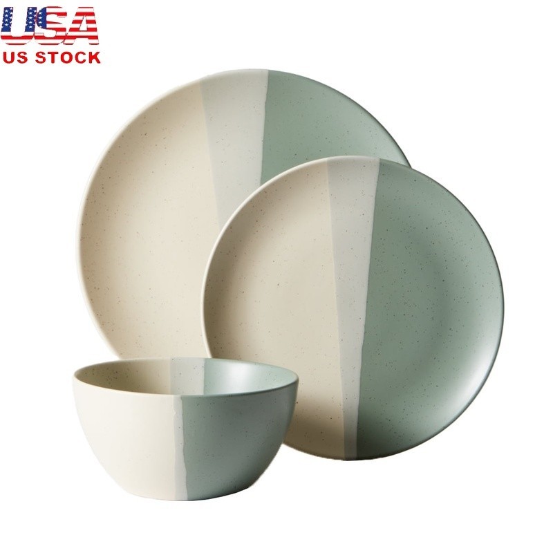 Durable Stoneware 12 Piece Dinnerware Set Microwave Dishwasher Safe Service 4 US