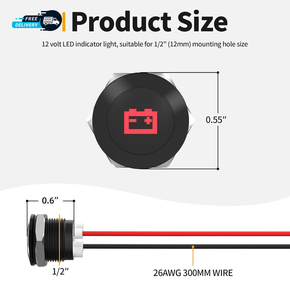 12V LED Indicator Light Small Indicator Light Waterproof 1/2" Panel Cutout