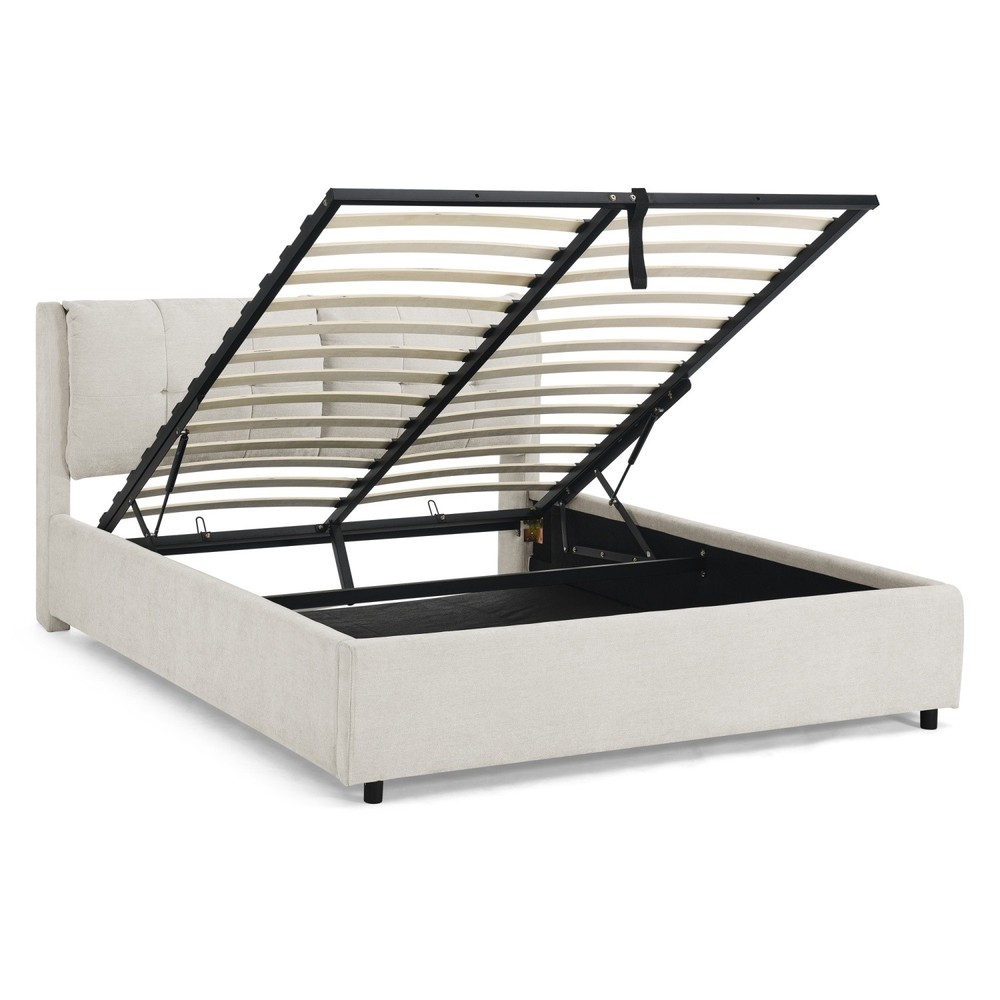 Queen Size Upholstered Platform Bed Frame with Hydraulic Storage White/Black