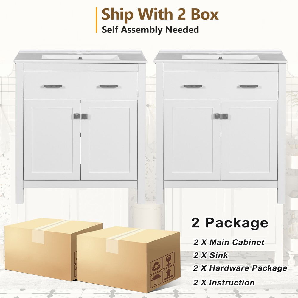 60" Modern Bathroom Vanity Set with Double Vanities，Double Ceramic Sinks White