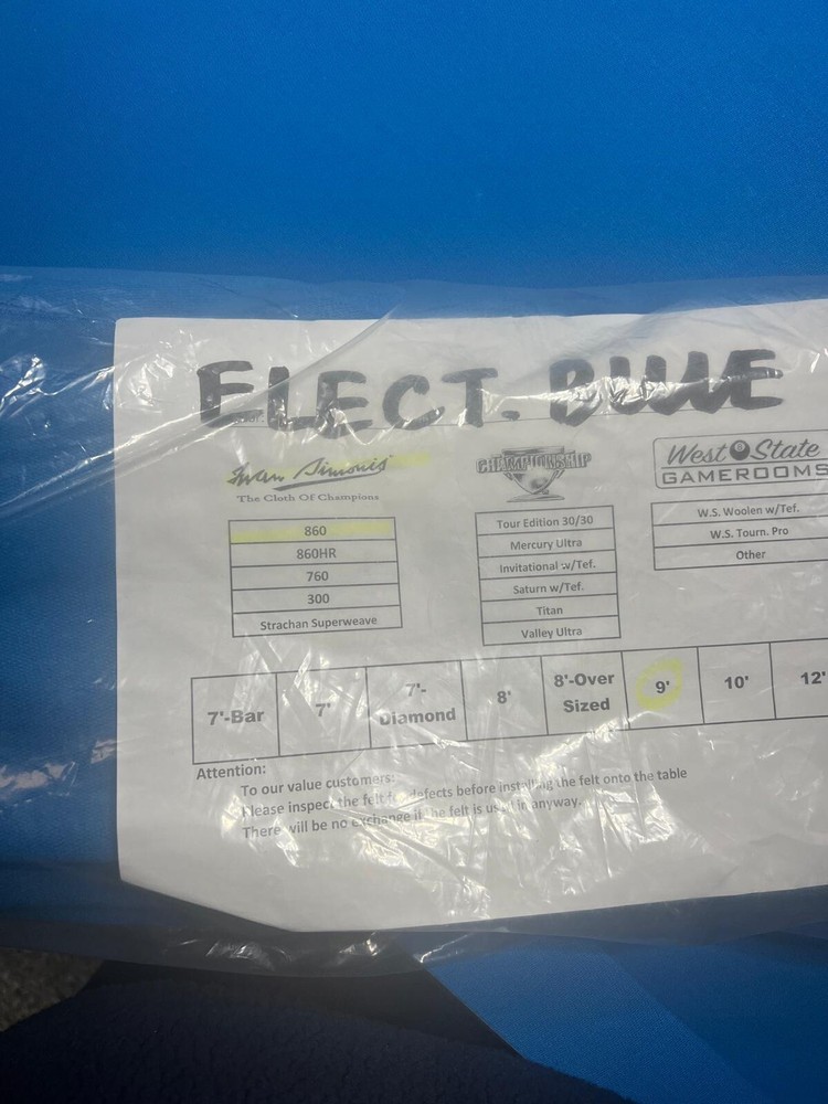 Pool Table Cloth/Felt (Simonis Cloth) - Blue 9 Foot - New