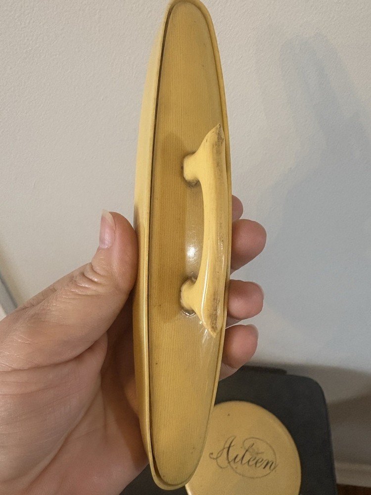 Vtg Handheld Vanity Mirror Celluloid Ivory Yellow Brush Nail Buffer Set