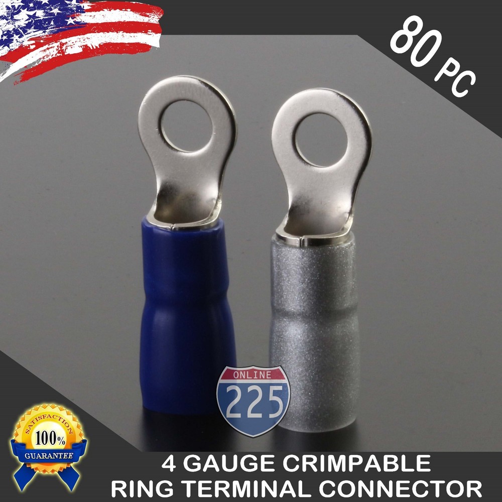 4 Gauge Platinum Ring Terminal 80 Pack Wire Crimp Silver Blue Boot 3/8" Stud US