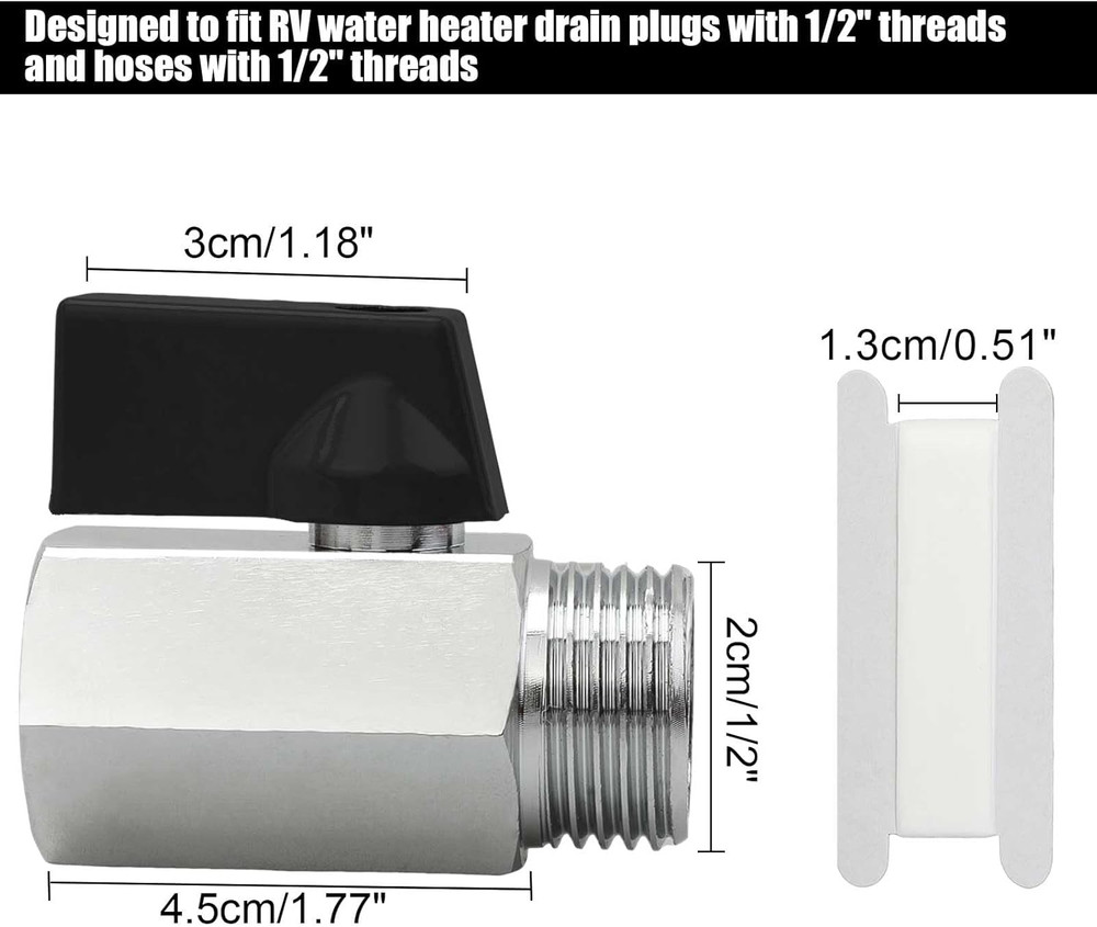 1/2 RV Hot Water Drain Valve - Water Heaters Mini Drain Plug with Tape Brass Re