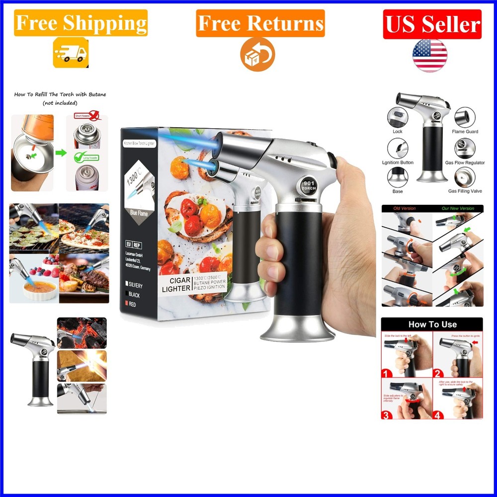 Mini Kitchen Blow Torch, Refillable, Adjustable Flame, Aluminum, 6"