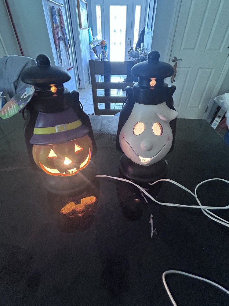 Halloween Pumpkin & Ghost Lantern Lights Pair Indoor Décor Modified Bulb 2016