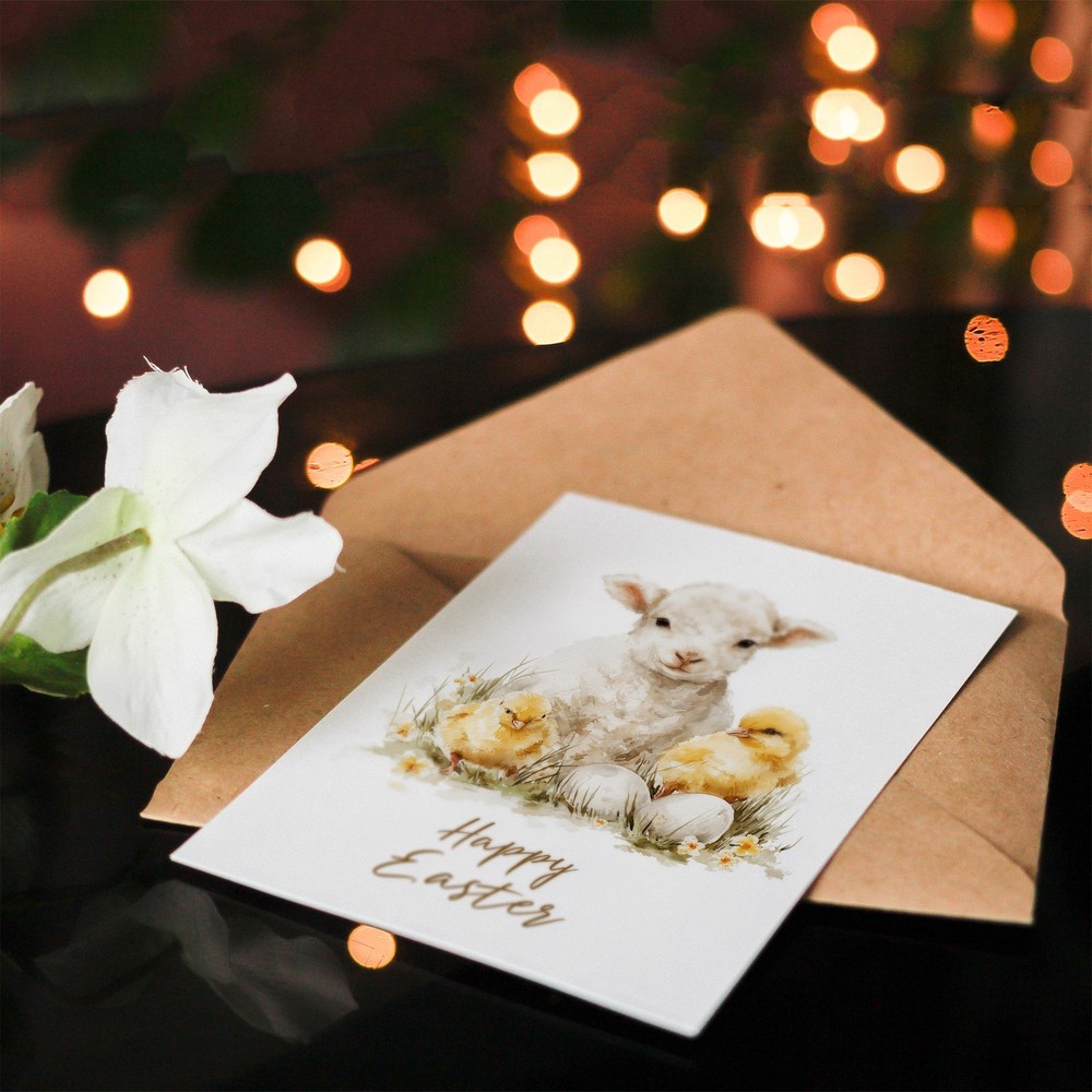 Happy Easter Greeting Card – Lamb and Chicks Design, Blank Inside