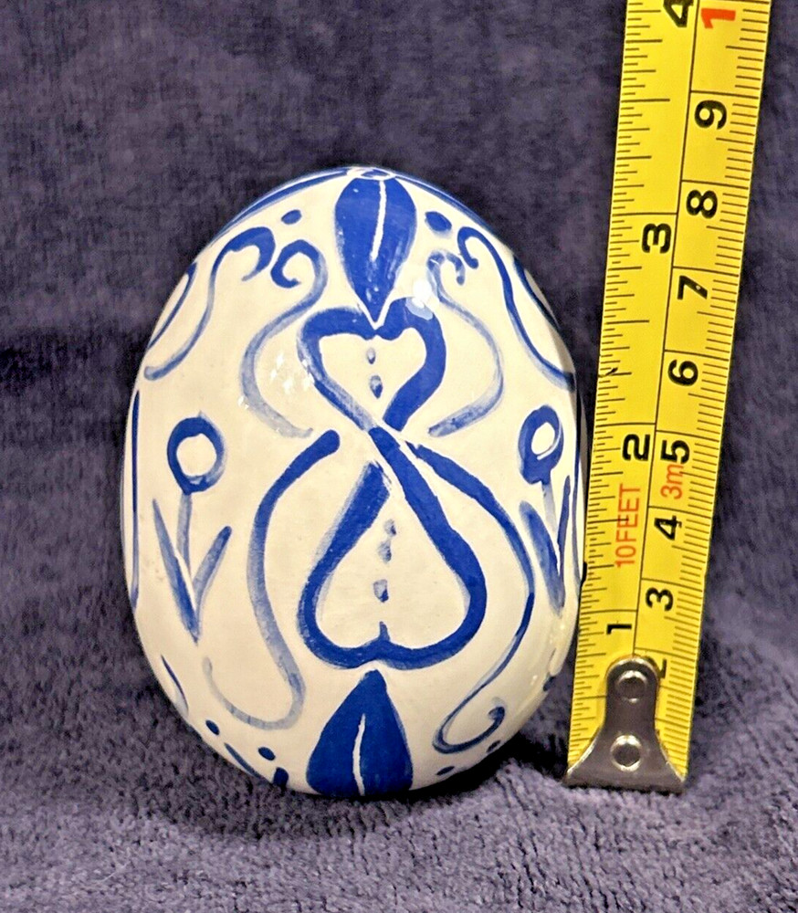 Ceramic Egg Small Folk Art Glazed Blue on White