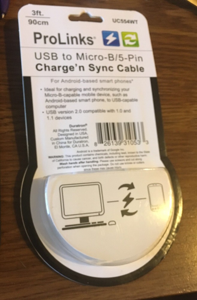 ProLinks USB to Micro-B 5 Pin Charge 'nSync 3' Cable Android Smart Phones . NEW