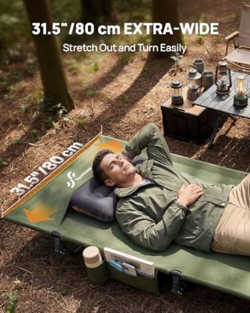 Camping Cot, 31.5'' Extra Wide Compact Folding Cot with Side Pocket Army Green