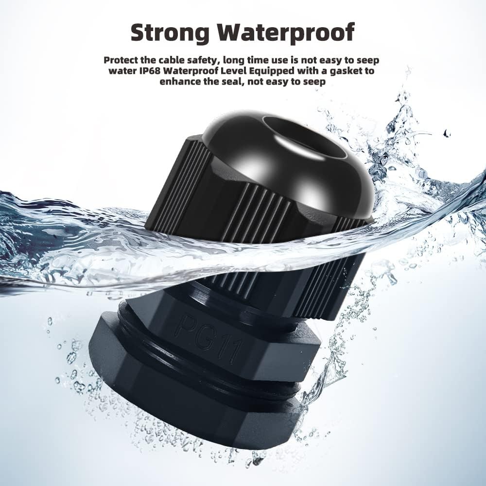 Cable Gland 20 Pack Plastic Waterproof Adjustable PG11(20-pack), Black