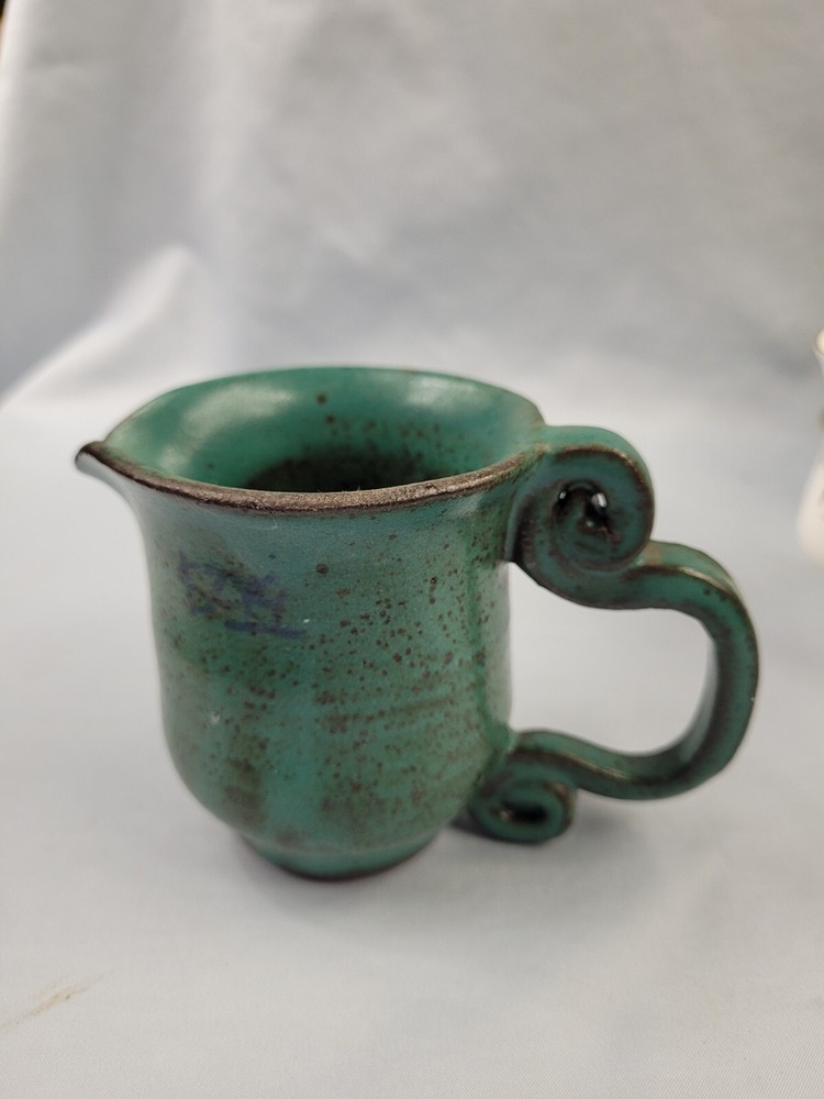 Vintage Art Pottery Rustic Creamer Teal Pitcher 1995 Retro Stoneware Signed   14