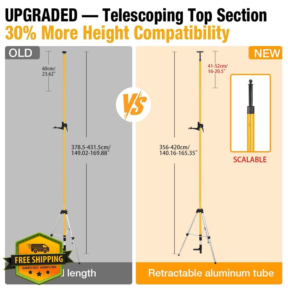 Telescoping Laser Level Pole 13.8ft Tripod Mount 1/4" 5/8" Adapter