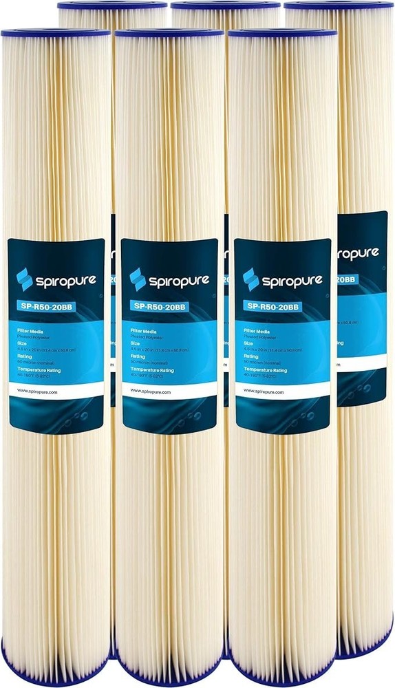 SpiroPure SP-R50-20BB 20x4.5 50 Micron Pleated Polyester Sediment Filter 6 Pack