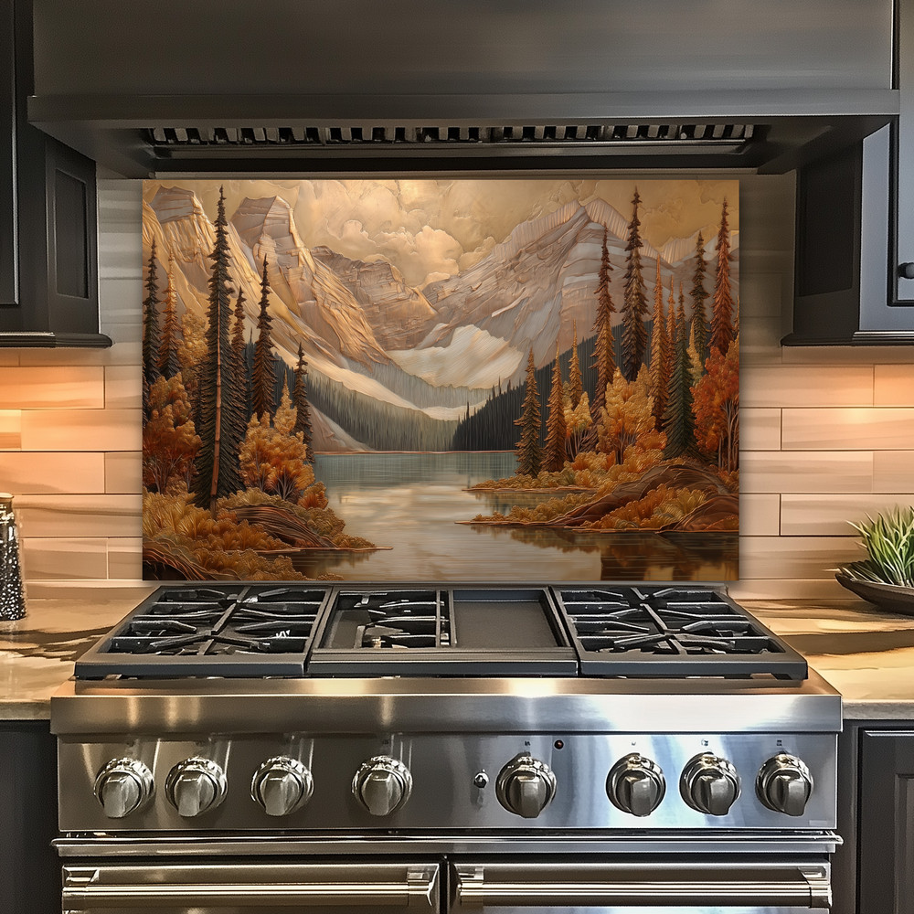 Pine Tree and Mountain Glass Backsplash, Tempered Glass Kitchen Splashback