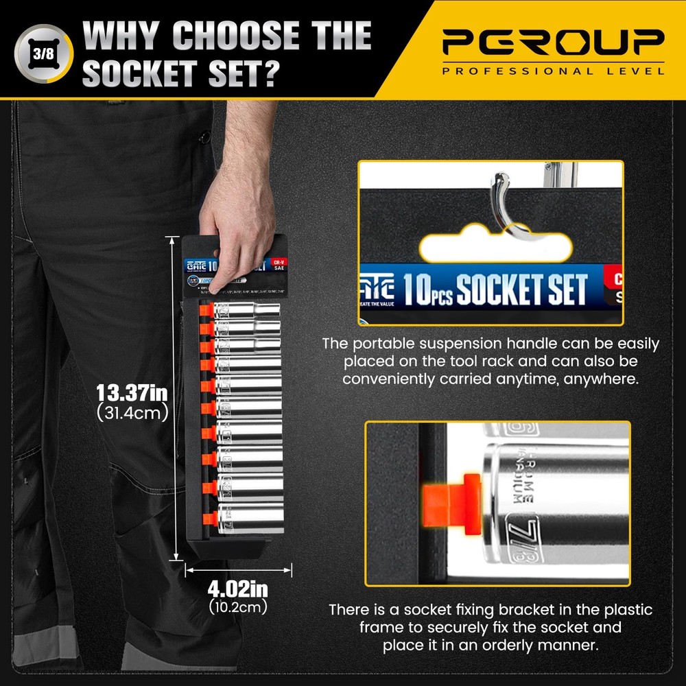 PGROUP 10PCS 3/8” Drive Deep Socket Set, SAE 3/8" (5/16"-7/8")