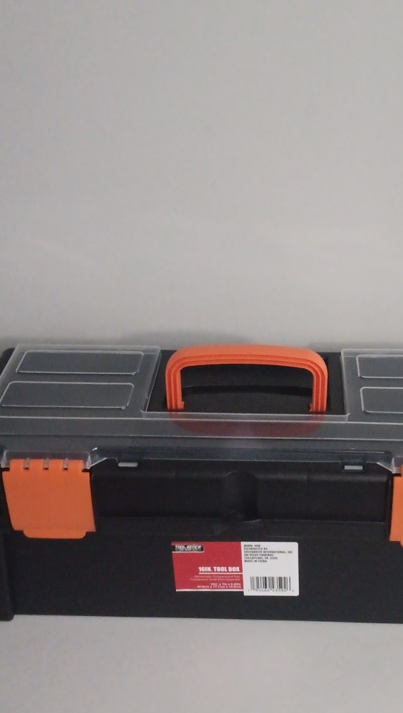 Tool Bench 16IN. Plastic Tool Box Black/Orange Handle Interior Organizer Tray