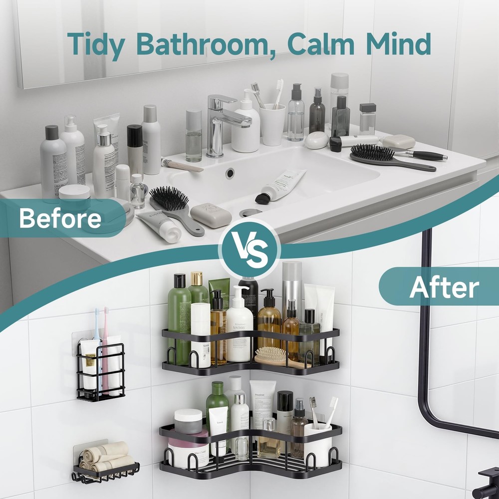 Corner Shower Caddy 4-Pack, Advanced Rustproof Design, No Drilling Adhesive S...
