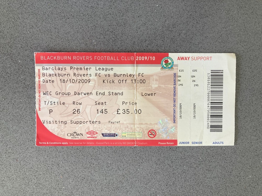 Blackburn Rovers v Burnley 2009-10 Match Ticket