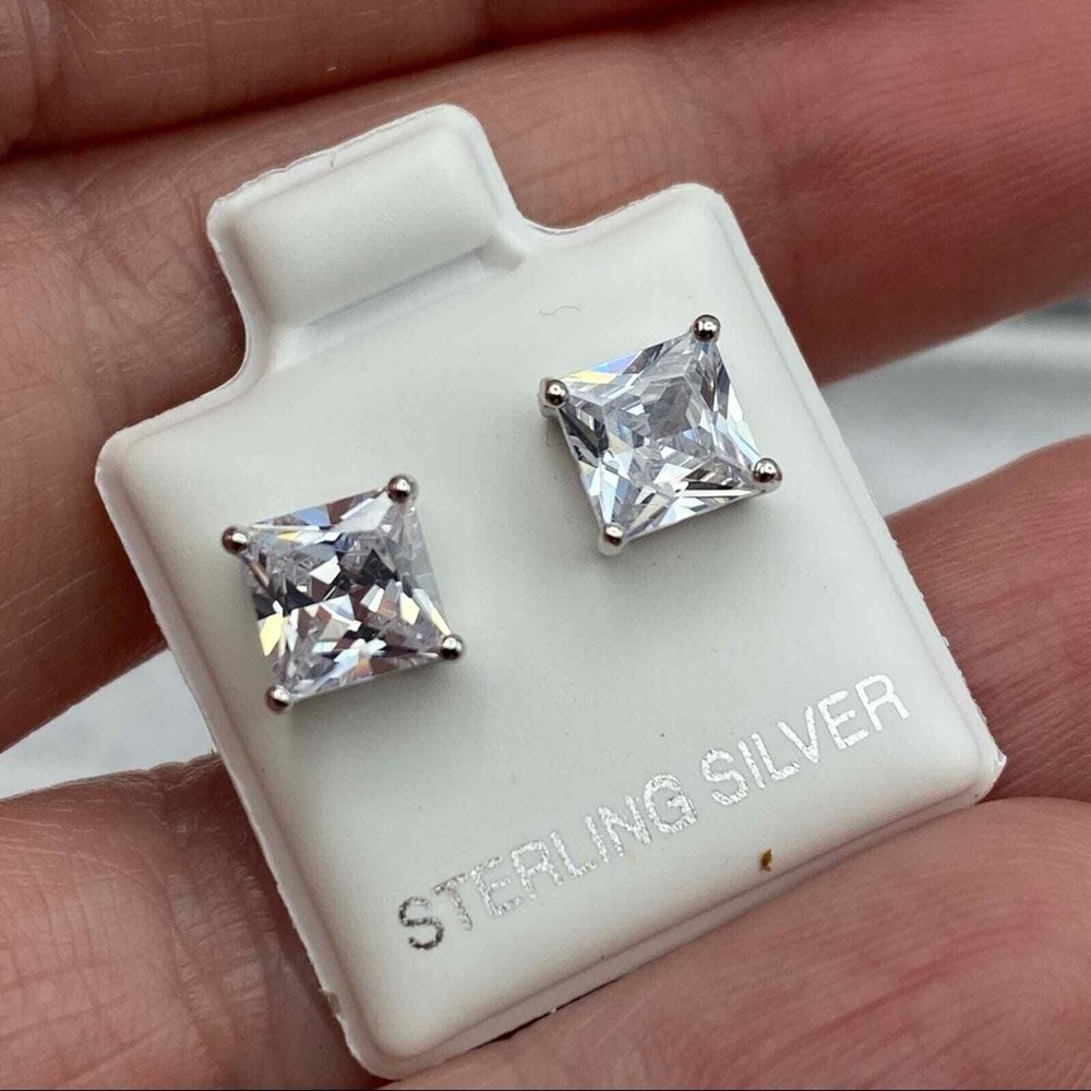Sterling Silver 6mm Square Clear CZ Stud Earrings