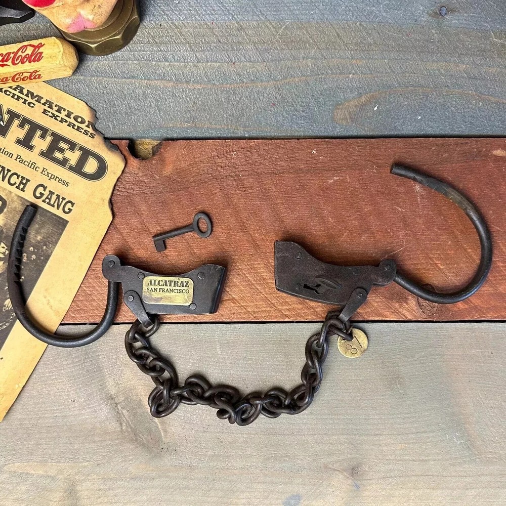 Handcuffs, Iron Adjustable Cuffs with Chain & Antique Alcatraz Prison