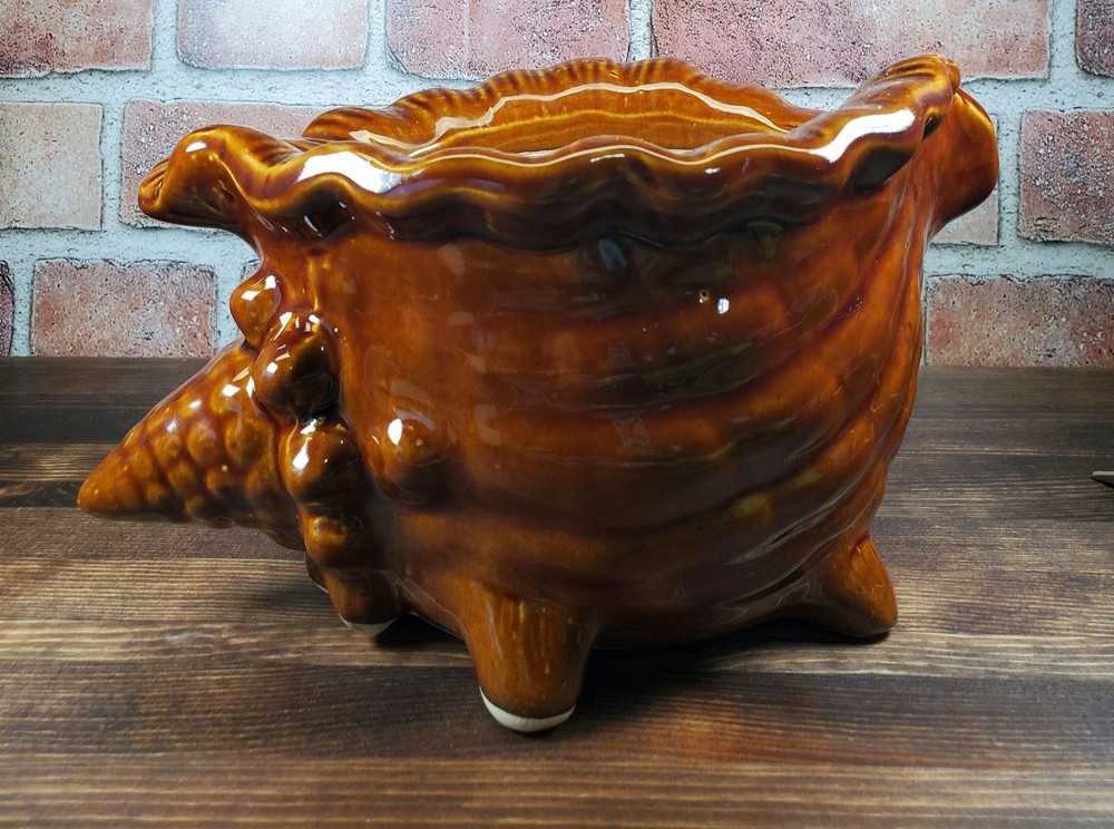 Vintage Brown Glazed Ceramic Conch Shell Planter, Seashell Nautical Decor