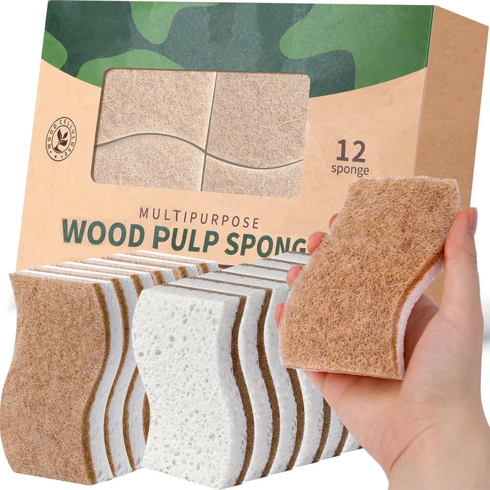 12Pack Natural Kitchen Sponge, Biodegradable Cellulose and Coconut Scrubber, Eco