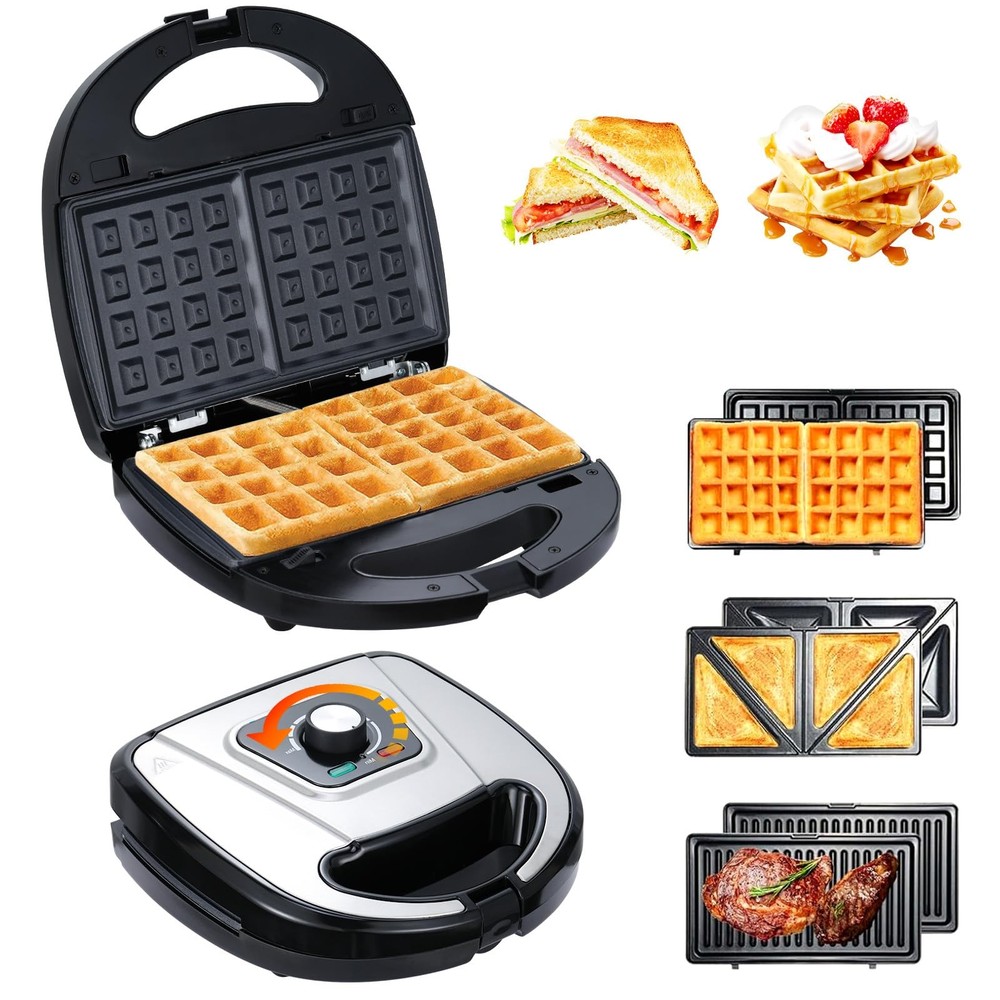 3-in-1 Waffle Maker with Removable Plates, Breakfast Sandwich Press Precise 2...