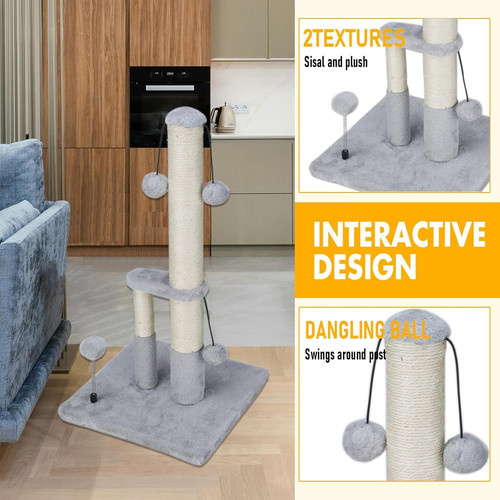 Dimaka Tall Cat Scratching Post, Double Lower Posts Extra Stable Grey