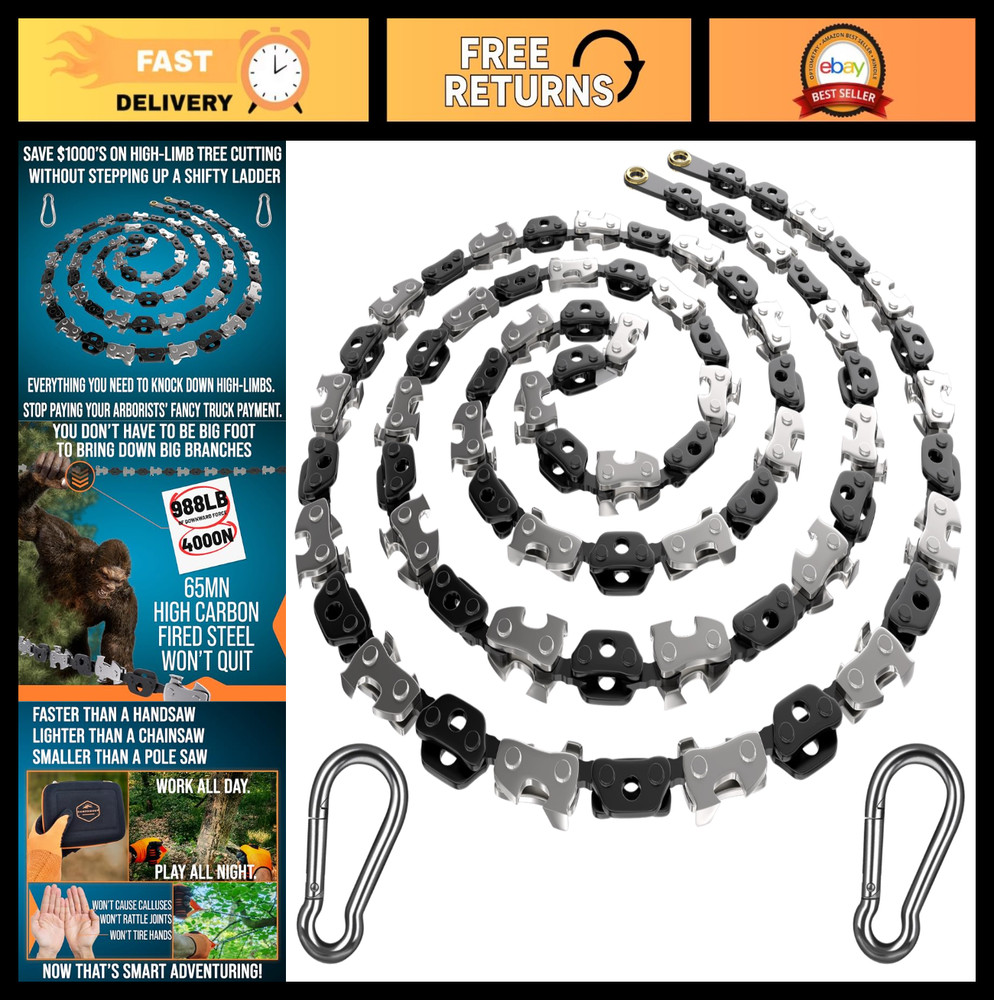 53" Rope Chain Saw - Sharp Manual Tree Limb Cutter - Easy Pocket Chainsaw, Zero