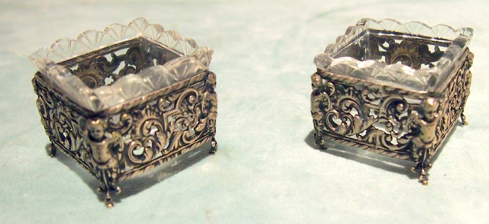 PAIR SILVER 800 SALT CUPIDS WITH CRYSTAL INSERTS ENGLISH BIRMINGHAM C 1914