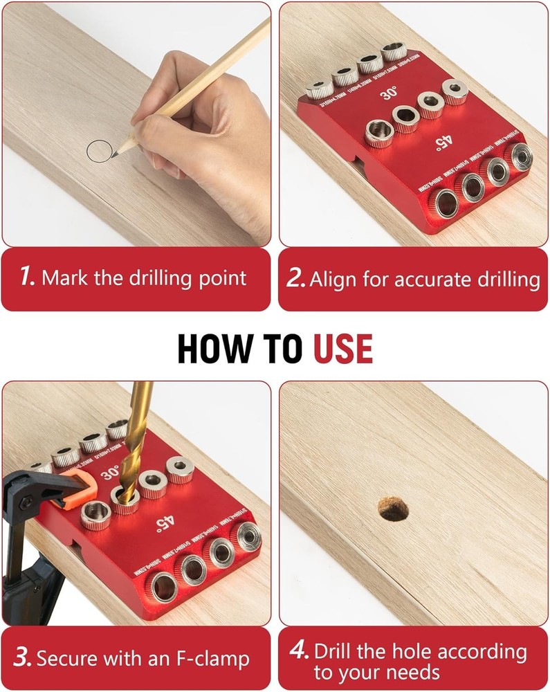 30° 45° 90° Angle Drill Guide Jig with 4 Bits Portable Pocket Hole Tool