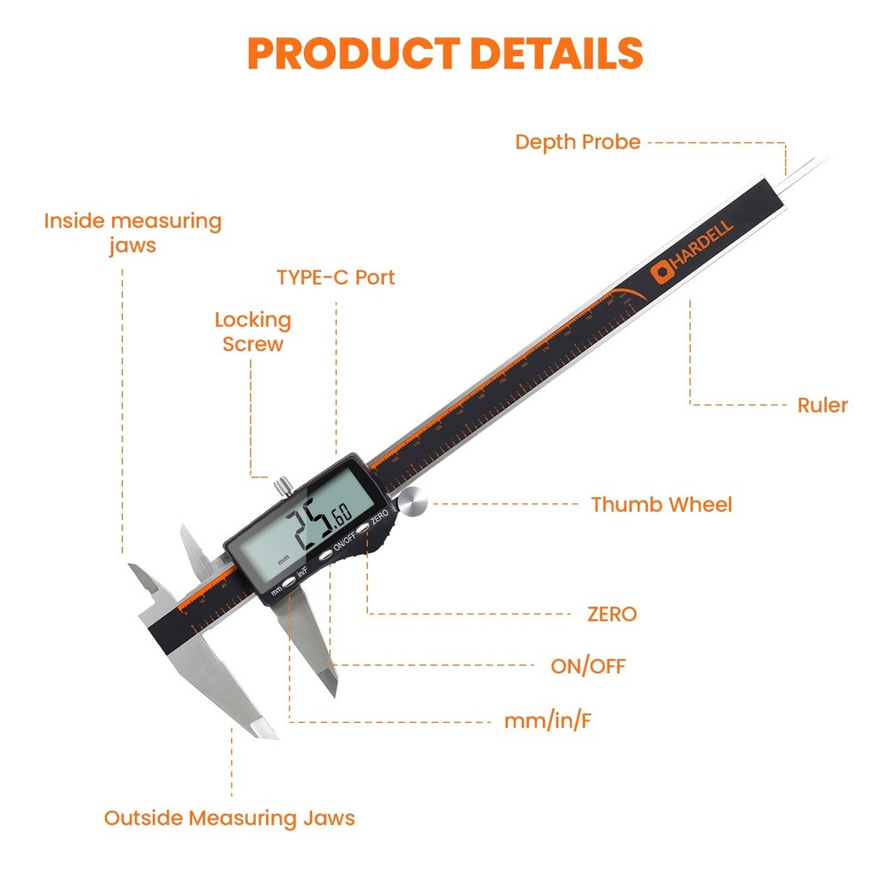 Digital Caliper, Rechargeable 0-8 Inch Calipers Measuring Tool with Large LCD...