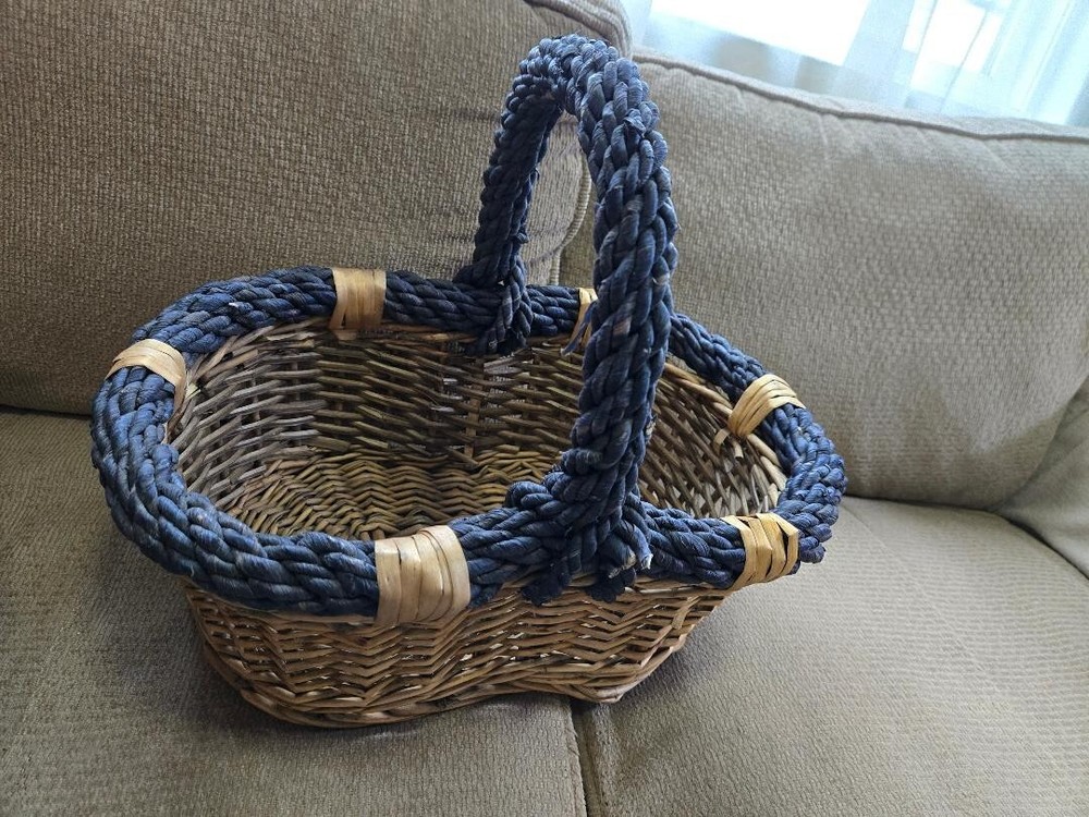 16" Oval Wicker Basket with Blue Handle
