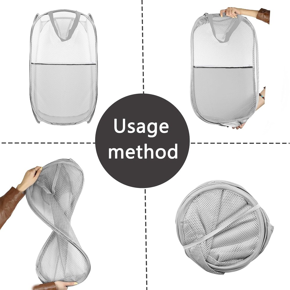 Collapsible Pop Up Laundry Hamper, Mesh Foldable Extra Large, 2P Black+Grey