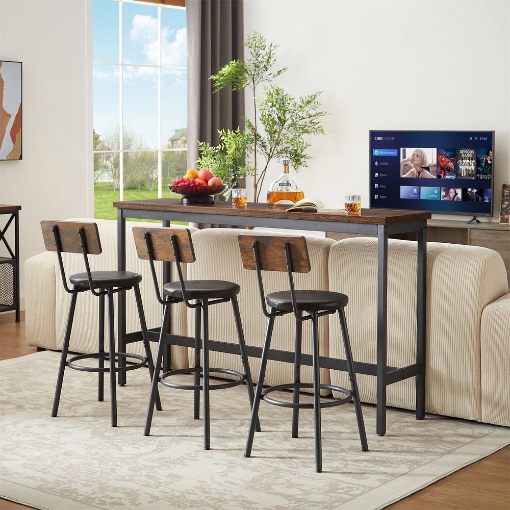 4 Piece Bar Table Set Counter Height Kitchen Pub Table w/ 3 Bar Stools Brown