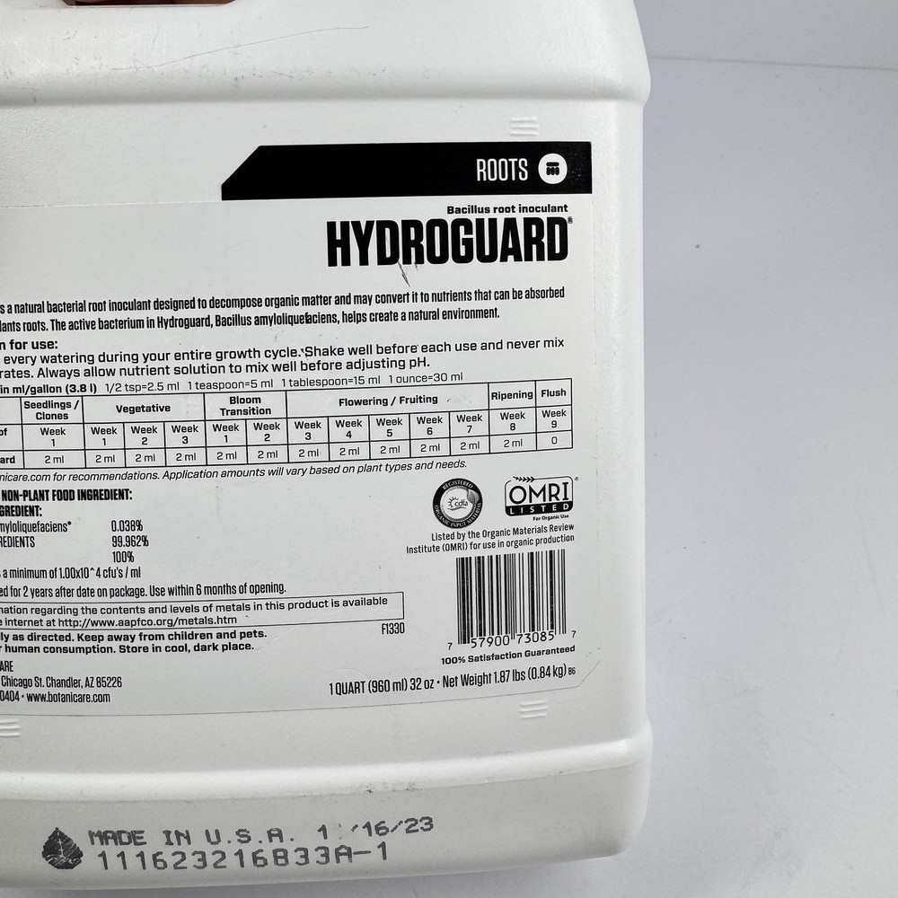 Botanicare Hydroguard Bacillus Root Inoculant 1 Quart Hydroponics Nutrient